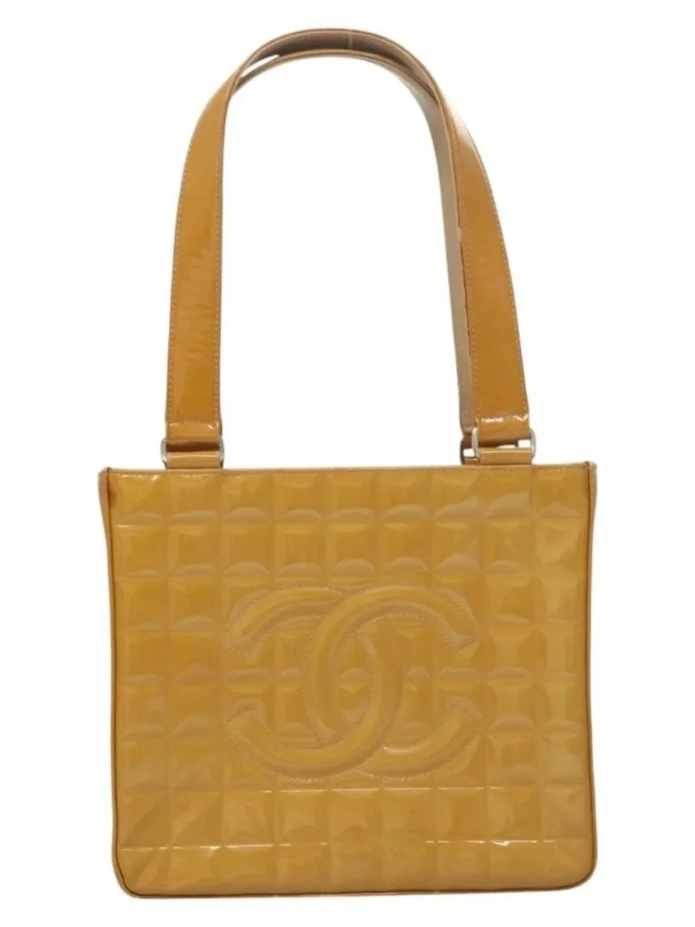 CHANEL Choco Bar Hand Bag Patent Leather Yellow Silver CC Auth mr1387